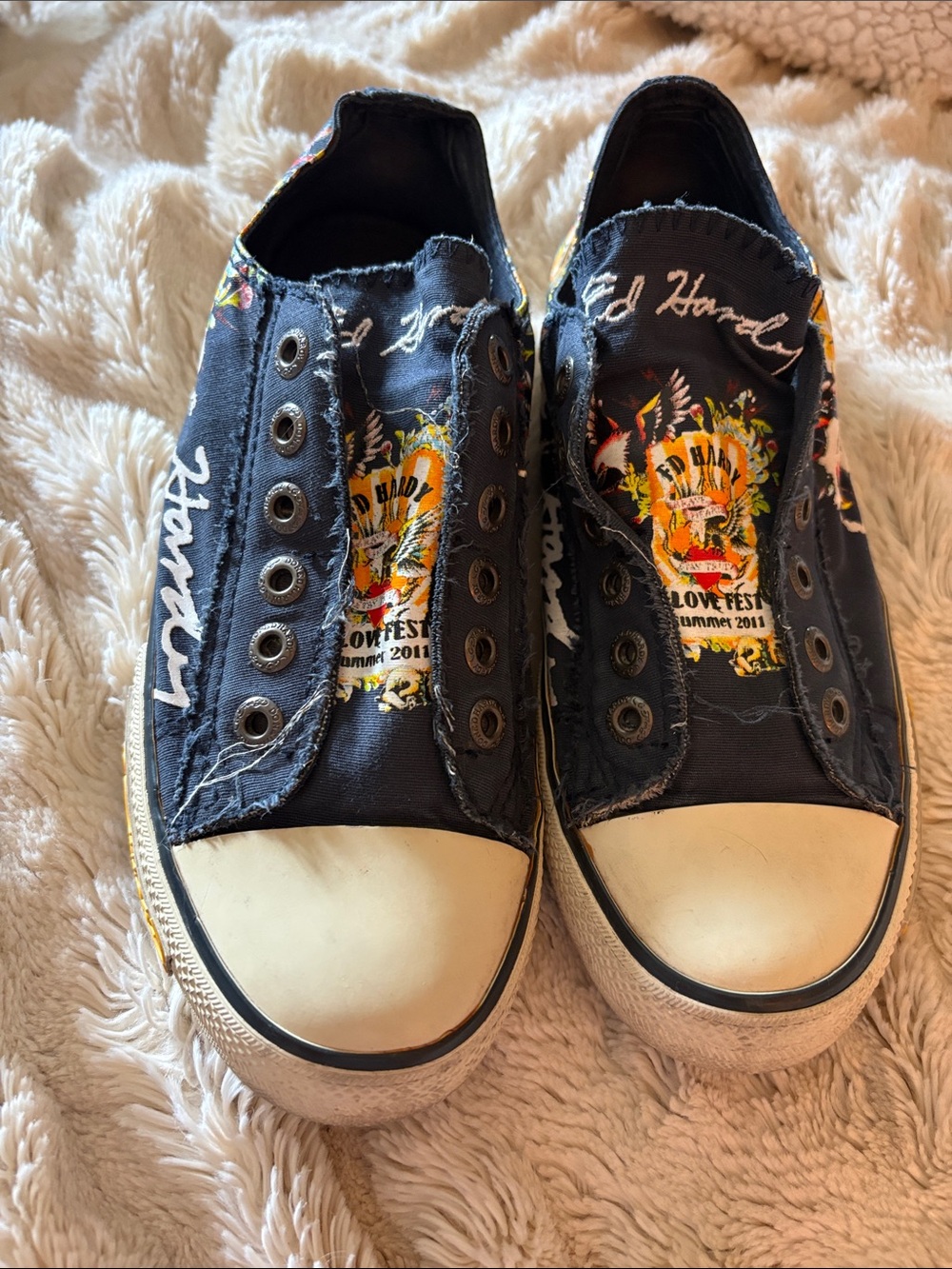 Ed Hardy Navy Canvas Slip-On Sneakers with Multi-Color Graphic